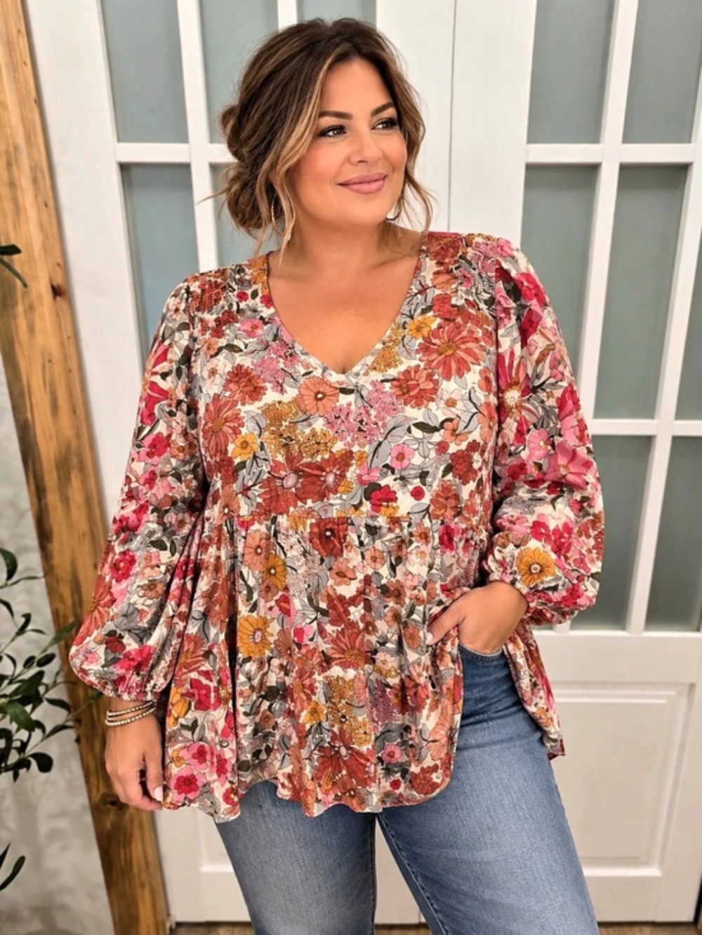 JODIFL Floral Long Sleeve Blouse in Pink & White Like New